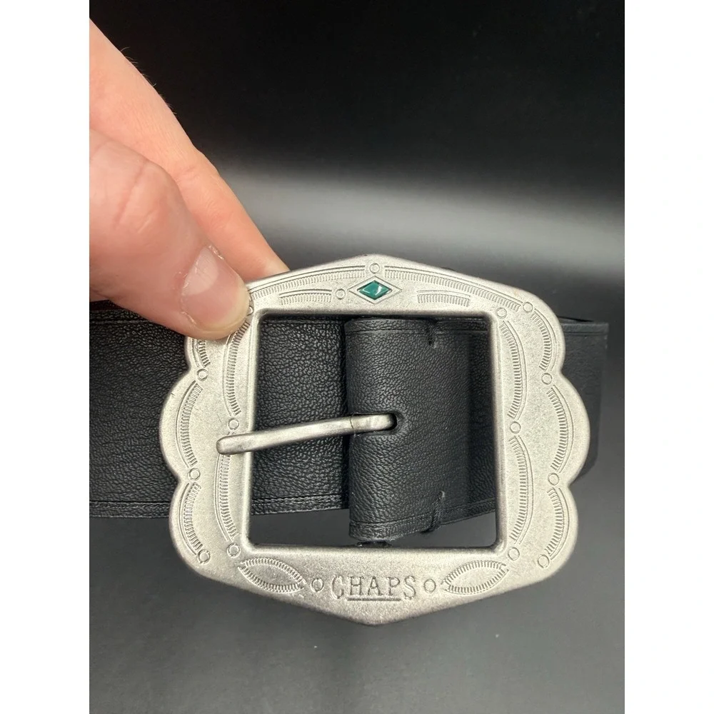 Chap's Black Leather Belt Women's Medium Boho Turquoise Western Belt Silver Buck